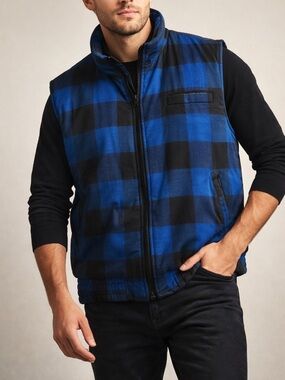Branded Lion Mens Large Blue Black Checkered Insulated Vest Cabincore Heritage